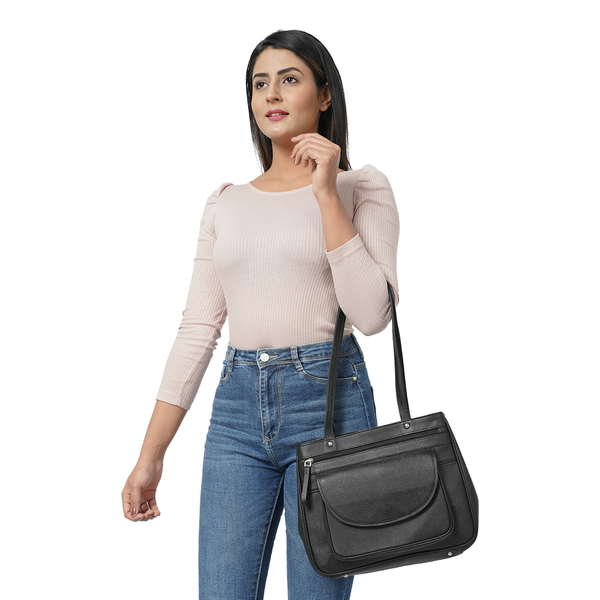 Super Soft 100% Genuine Nappa Leather Multi-Compartment Shoulder Bag in Black (29x7.5x23cm)