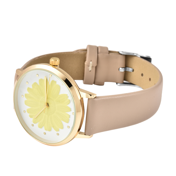 STRADA Japanese Movement Yellow Daisy Floral Water Resistant Watch with Beige Colour Strap