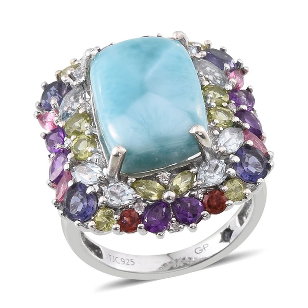 GP Larimar (Cush 11.25 Ct), Iolite, Sky Blue Topaz, Amethyst, Hebei Peridot, Mozambique Garnet, Mahenge Pink Spinel and Multi Gem Stone Ring in Platinum Overlay Sterling Silver 17.000 Ct.