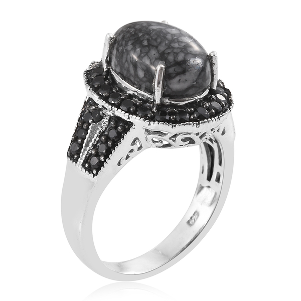 Austrian Pinolith (Ovl 6.45 Ct), Boi Ploi Black Spinel Ring in Platinum Overlay Sterling Silver 7.750 Ct.