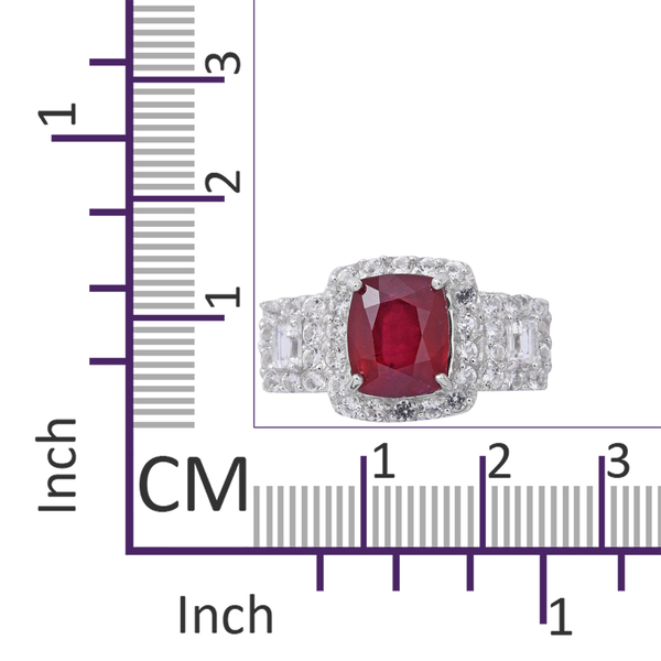 African Ruby (Cush 6.50 Ct), White Topaz Ring in Rhodium Plated Sterling Silver 9.350 Ct. Silver wt 5.53 Gms.