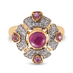 African Ruby (FF), Pink Sapphire and Natural Cambodian Zircon Ring in 14K Gold Overlay Sterling Silv