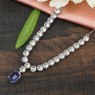 Lustro Stella Tanzanite Colour Crystal and White Crystal Necklace (Size 18) in Silver Tone