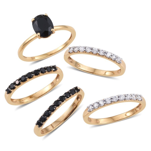 Set of 5 4.50 Carat Black Spinel, Natural Cambodian Zircon Silver Stacker Rings in Gold Overlay.
