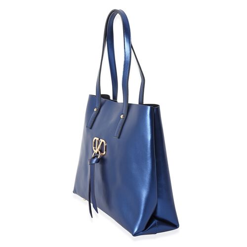 100% Genuine Leather Tote Bag with Zipper Closure in Metallic Navy Size 38x14x31 Cm - 3508367 - TJC