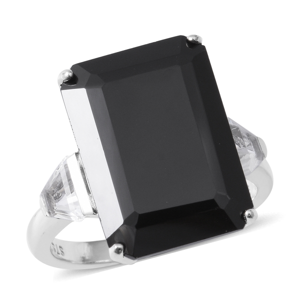 20.47 Ct Boi Ploi Black Spinel and White Topaz Ring in Rhodium Plated Sterling Silver