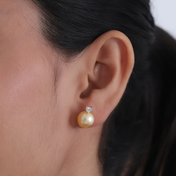 9K Yellow Gold Golden South Sea Pearl and Moissanite Earrings (With Push Back)