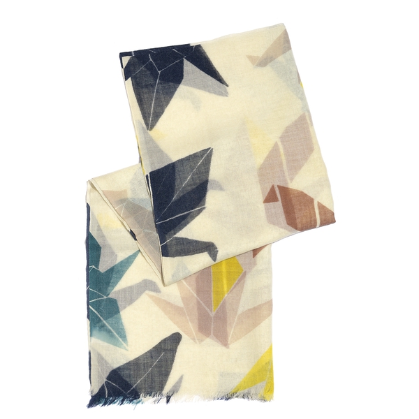 100% Merino Wool Yellow, Off White and Multi Colour Abstract Printed Scarf (Size 175X70 Cm)