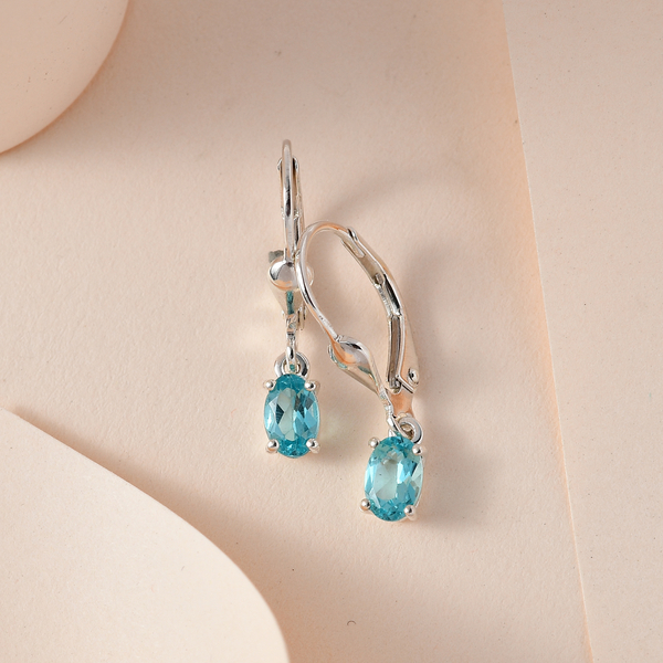 Blue Apatite Solitaire Lever Back Earrings in Sterling Silver