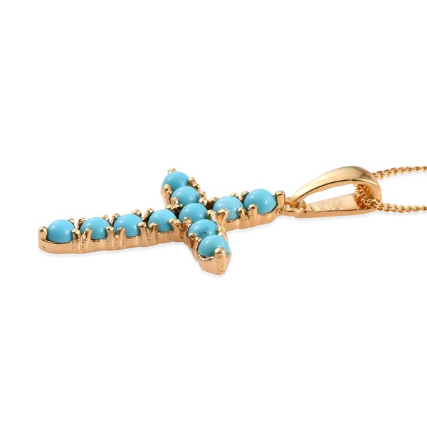 Arizona Sleeping Beauty Turquoise (Rnd) Cross Pendant with Chain in 14K Gold Overlay Sterling Silver 1.000 Ct.