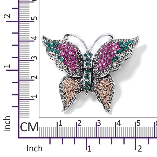 Multi Colour Austrian Crystal (Rnd) Butterfly Brooch in Silver Tone