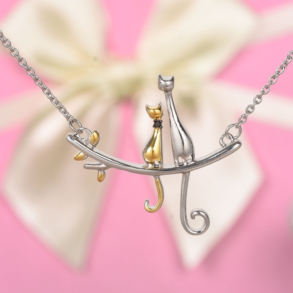 Black Diamond Cat Sitting on Branch Necklace (Size 18) in Platinum and Yellow Gold Overlay Sterling 