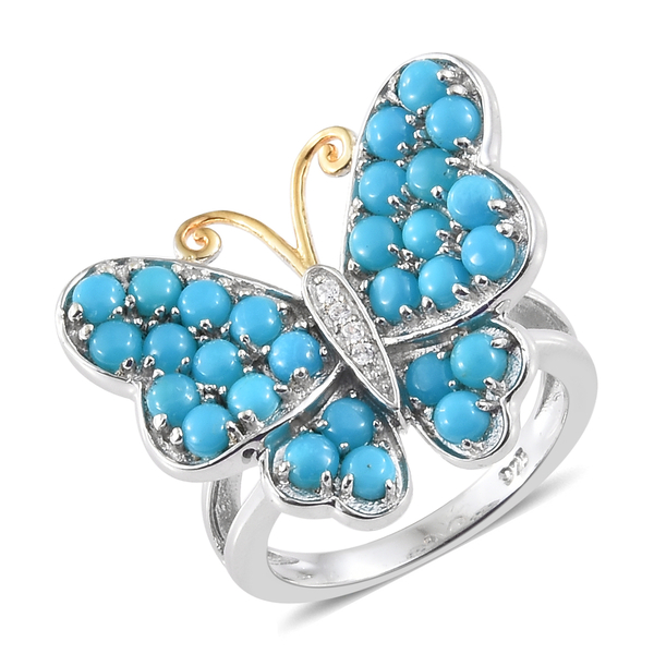 Arizona Sleeping Beauty Turquoise (Rnd), Natural White Cambodian Zircon Butterfly Ring in Platinum a