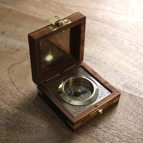 Handcrafted Wooden Box With Built in Goldentone Compass (Size 7x7x3 Cm)