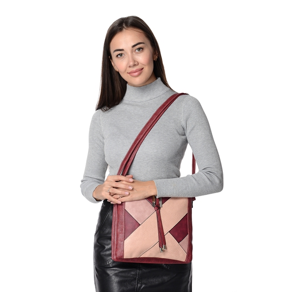 Geometric Pattern Tote Bag with Three Compartments, Adjustable Shoulder Strap and Zipper Closure (Size 27x25x5 Cm) - Burgundy