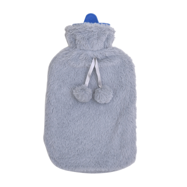 Set of 2 Hot Water Bottles with Faux Fur Cover (Size 33x20 Cm) - White & Grey