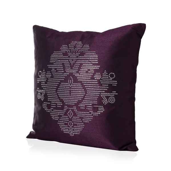 Damask Pattern Puple Colour Cushion with Silver Studs (Size 42x42 Cm)