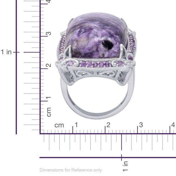 Charoite (Cush 25.50 Ct), Zambian Amethyst Ring in Platinum Overlay Sterling Silver 26.500 Ct.