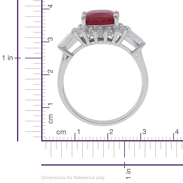 African Ruby (Cush 4.80 Ct), White Topaz Ring in Rhodium Plated Sterling Silver 6.000 Ct.