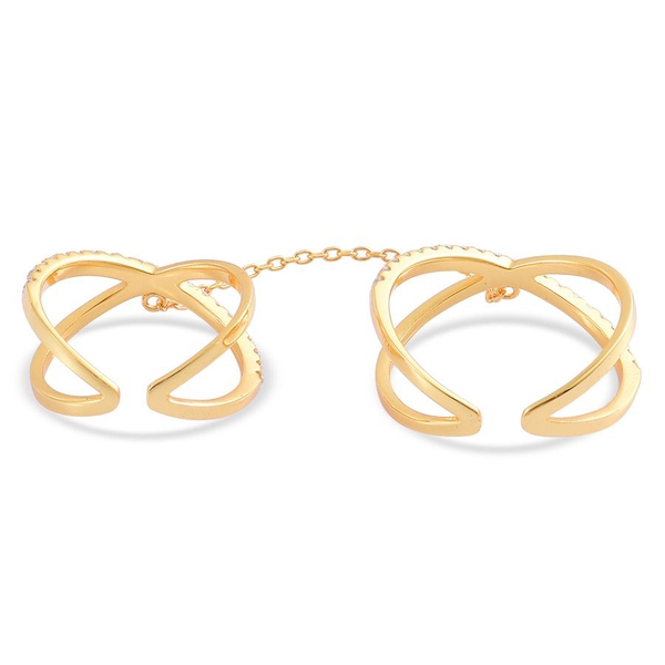 AAA Simulated White Diamond 2 Rings with Chain in Yellow Gold Overlay Sterling Silver