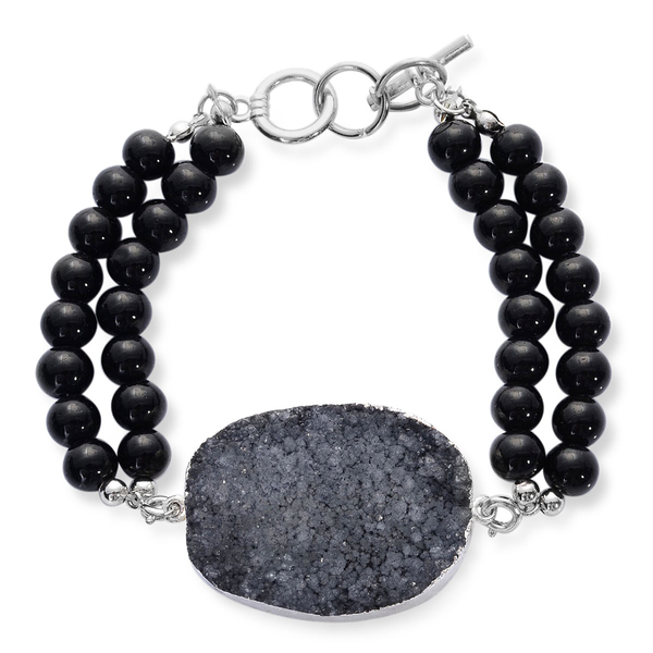 Black Onyx and Grey Drusy Quartz Pendant With Chain and Bracelet (Size 7.5) in Stainless Steel