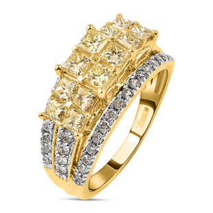 Natural Yellow Diamond Princess Cut (VS 1.44 Cts) Ring with White Diamonds in 14K Yellow Gold 2.03 C