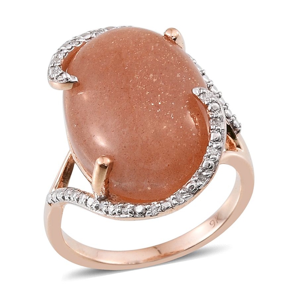 9K Rose Gold AA Morogoro Peach Sunstone (Ovl), Diamond Ring 12.100 Ct.
