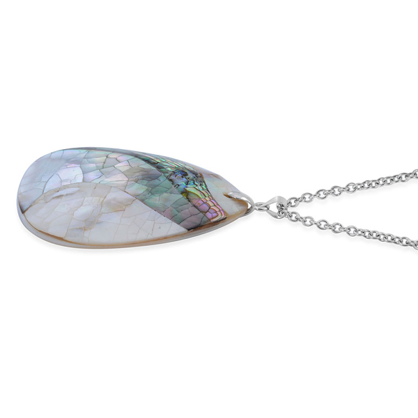 White Puka Shell and Abalone Puka Shell Pendant in Silver Tone with Stainless Steel Chain
