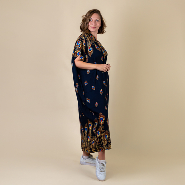 TAMSY 100% Viscose Womens Peacock Pattern Dress (Size:8-22 ) - Navy