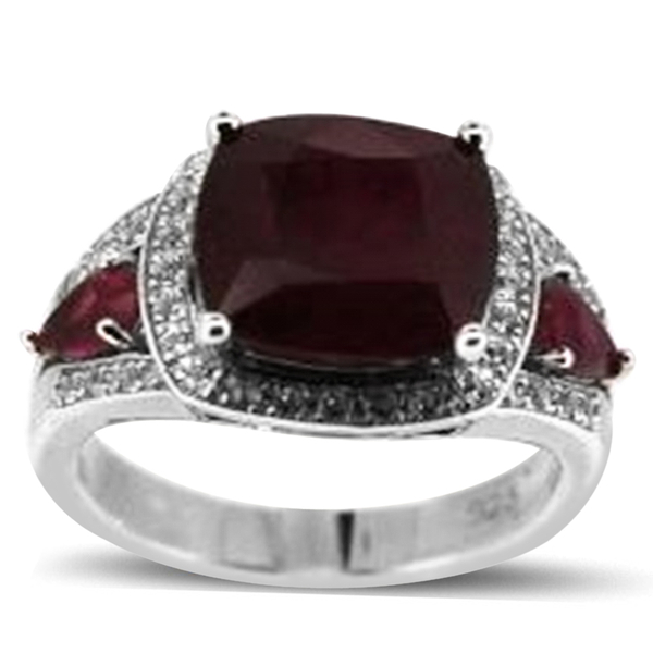 African Ruby (Cush 6.15 Ct), White Topaz Ring in Rhodium Plated Sterling Silver 9.250 Ct.