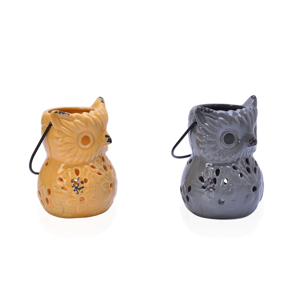 Home Decor - Set of 2 - Grey and Yellow Colour Cut Out Leaf Pattern Owl Ceramic Lantern