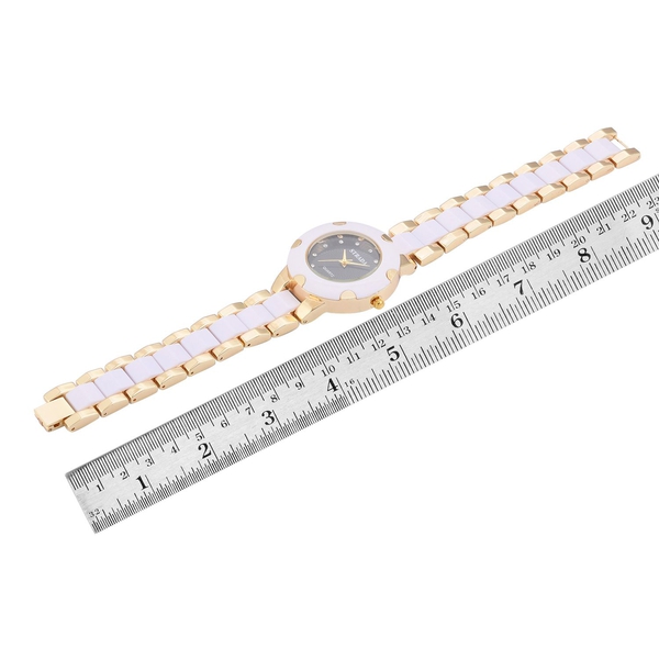 STRADA Japanese Movement White Austrian Crystal Studded Black Dial Water Resistant Watch in Gold Tone with Stainless Steel Back and White Strap
