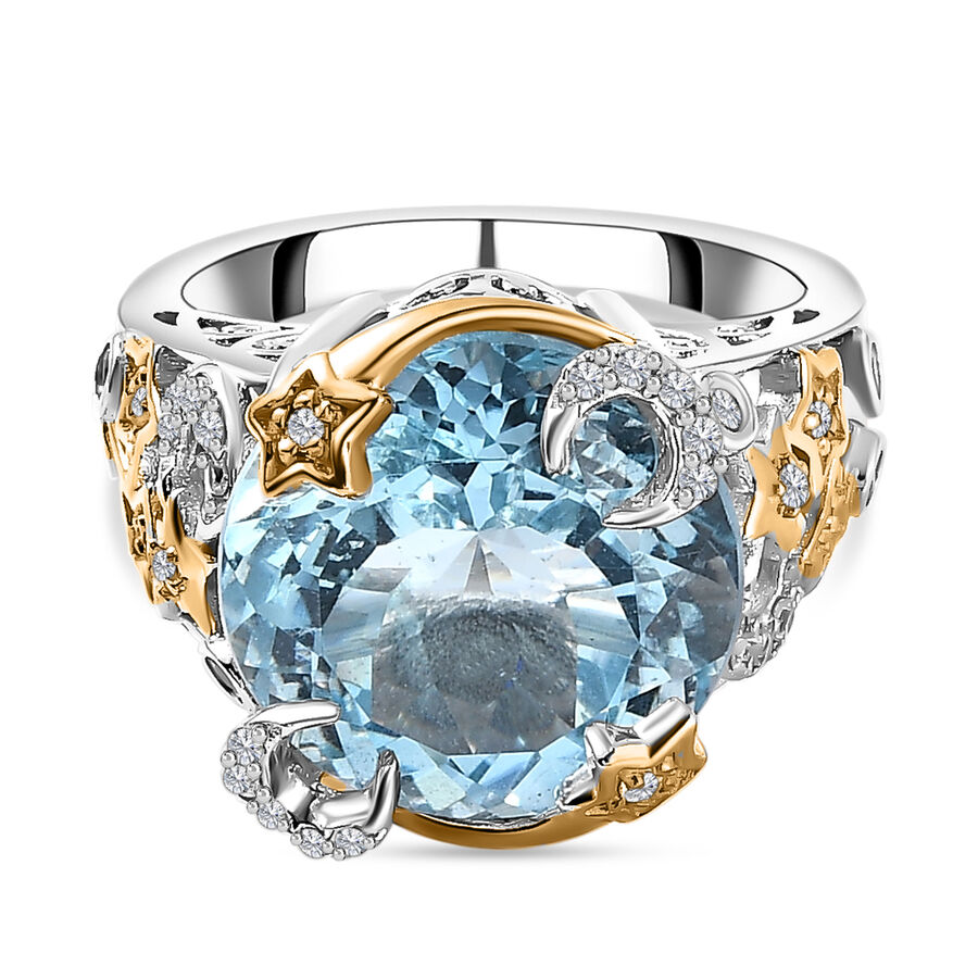 GP Celestial Dream Collection - Blue Topaz & Natural Zircon Cluster Ring in Platinum Overlay & 18K Vermeil YG Plated Sterling Silver 12.01 Ct, Silver Wt. 6.10 Gms