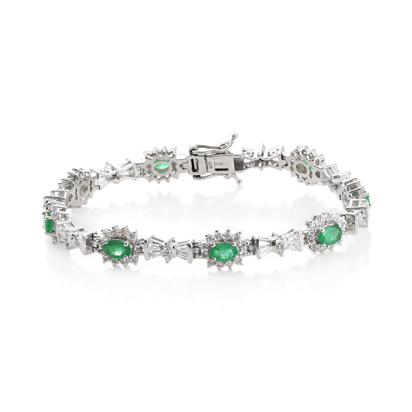 8.5 Ct Zambian Emerald and White Topaz Bracelet in Platinum Plated Sterling Silver 14.04 Grams