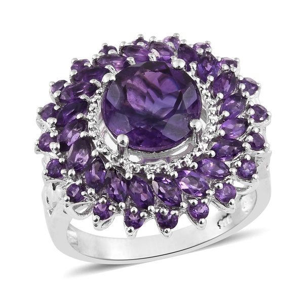 Amethyst (Rnd 3.15 Ct) Flower Ring in Platinum Overlay Sterling Silver 5.750 Ct. Silver wt 7.02 Gms.