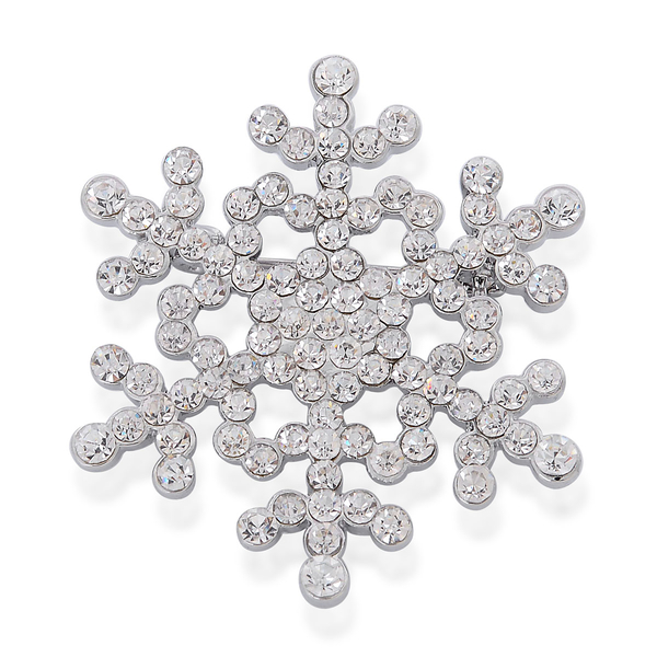 White Austrian Crystal Snowflake Brooch in Silver Tone