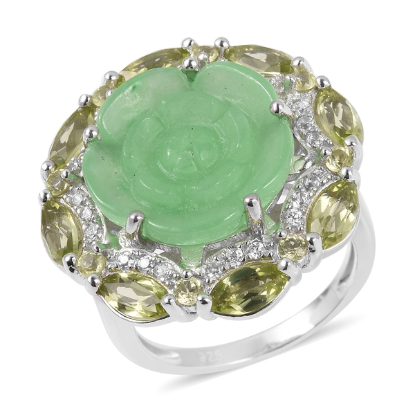 9.88 Ct Green Jade Floral Halo Ring in Rhodium Plated Silver 7.67 grams