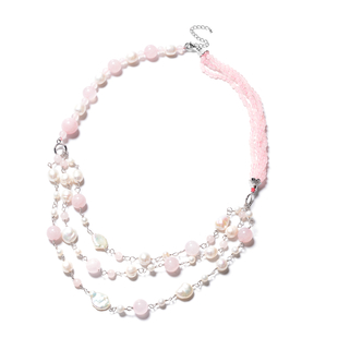 GP- Rose Quartz and Freshwater Pearl Necklace (Size 24 with 3 inch Extender) in Rhodium Overlay Ster