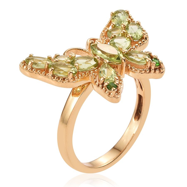 AA Hebei Peridot (Mrq 0.70 Ct), Chrome Diopside Butterfly Ring in 14K Gold Overlay Sterling Silver 3.250 Ct.
