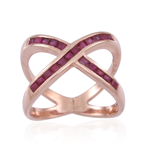 AAA Ruby (Sqr) Criss Cross Ring in 14K Rose Gold Overlay Sterling Silver 1.500 Ct.