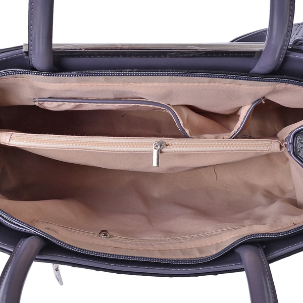 Designer Inspired-Grey and Black Colour Croc Embossed Tote Bag with External Zipper Pocket and Adjustable Shoulder Strap (Size 38X26.5X13 Cm)