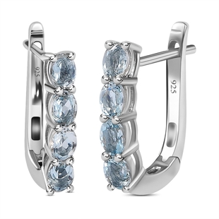 Aquamarine Hoop Earrings (with Clasp) in Platinum Overlay Sterling Silver 1.18 Ct.
