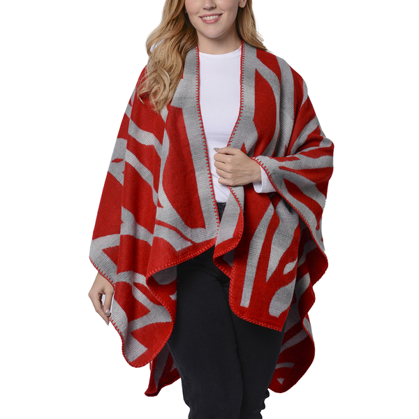 Red and Grey Colour Raised Grain Pattern Blanket Kimono (Size 133x70 Cm)