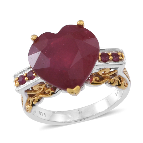 African Ruby (Hrt 15.00 Ct), Ruby Ring in Rhodium Plated and Yellow Gold Overlay Sterling Silver 15.