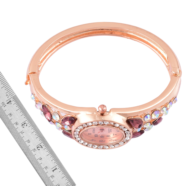 Designer Inspired - STRADA Japanese Movement Sunshine Dial Bangle Watch in Rose Gold Tone with White Austrian Crystal, Simulated AB and Purple Colour Diamond