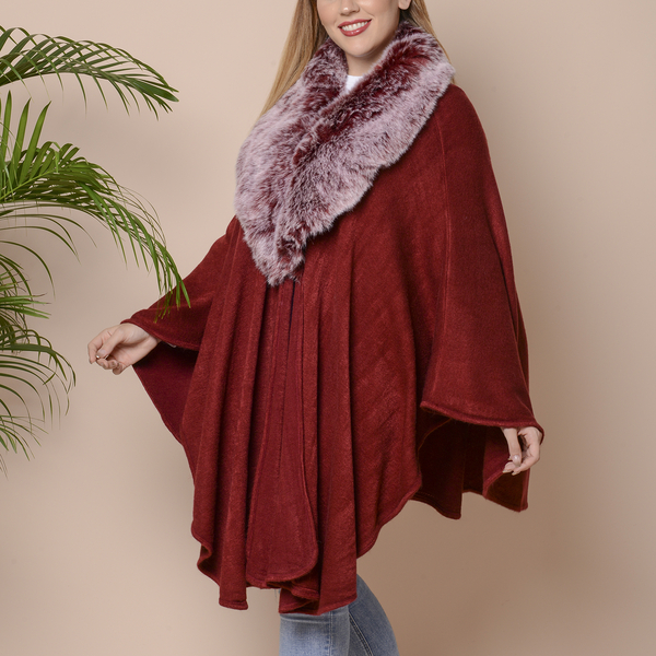 Half Moon Faux Fur Collar Cape (Size 124x76 Cm) - Whine Red