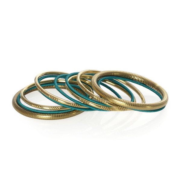 Jewels of India Handicraft Set of 11 Teal Green Bangle (Size 7.5) in Gold Tone