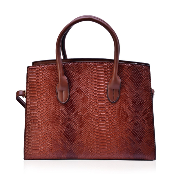 Belgravia Chocolate Snake Embossed Tote Bag with Adjustable and Removable Shoulder Strap (Size 34x28x10 Cm)