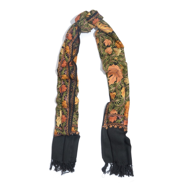 100%  Fine Merino Wool Multi Colour Flowers Embroidered Black Colour Shawl (Size 180x70 Cm) with Suede Bag (Size 26x21 Cm)