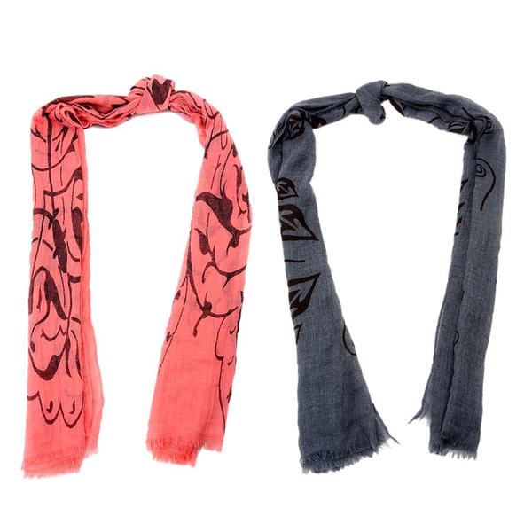 Set of 2 - Pink and Grey Colour Wave Pattern Scarf with a Hanger (Size 170x60 Cm)